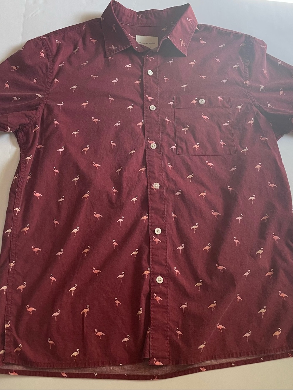 Men's Burgundy Short-Sleeve Button-Up Shirt with Flamingo Print